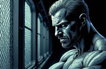 Obraz premium Man with intense expression looks out of window in dark room with metal grid walls