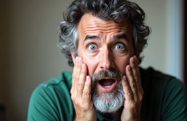A surprised middle-aged man with gray hair and beard showing shock or disbelief