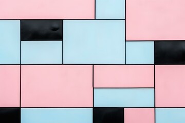 Geometric composition of a modern wall featuring pastel pink, light blue, and black tiles, creating a visually appealing pattern
