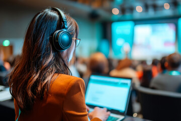Woman using laptop with headphones during business seminar in large auditorium