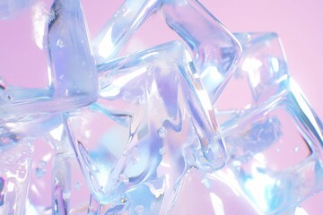 Transparent ice cubes close-up, pink background, crystal clear texture, creating a dreamy atmosphere
