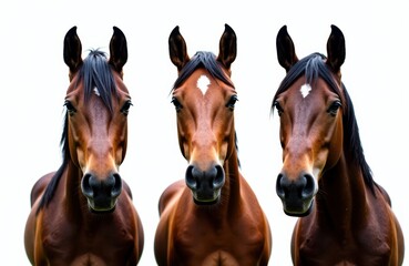 Close-up of three brown horses with dark manes facing forward against a white background