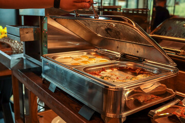 Hotel buffet with stainless steel food warmer, opened lid revealing fried eggs and baked dishes....