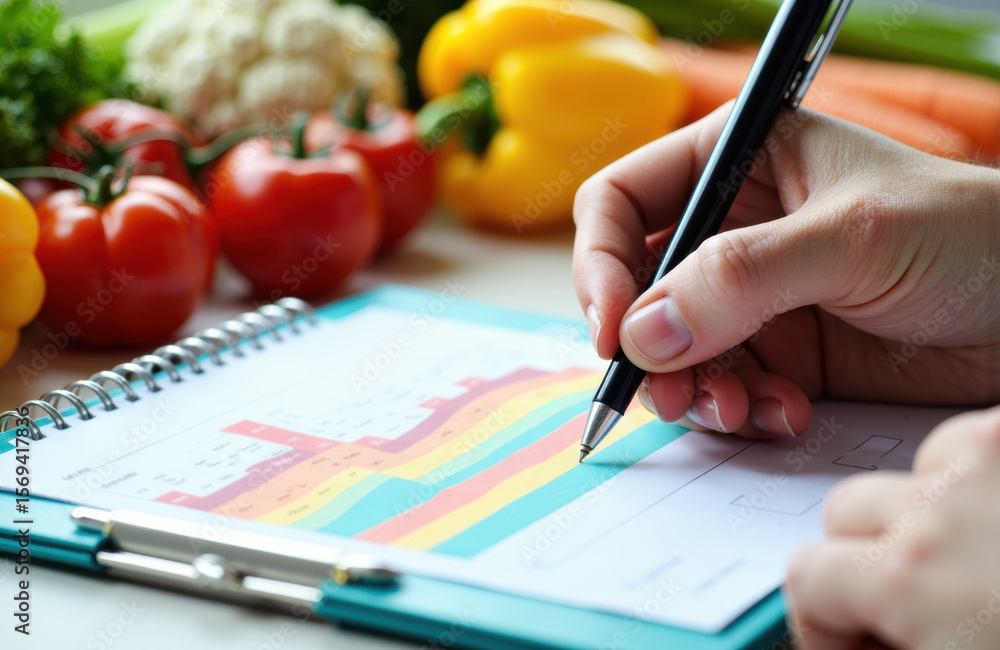 Poster person analyzing colorful data chart with fresh vegetables in the background