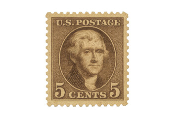 Obraz premium Vintage 5 cent United States Postage Stamp isolated on transparent background.