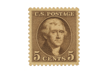 Vintage 5 cent United States Postage Stamp isolated on transparent background.