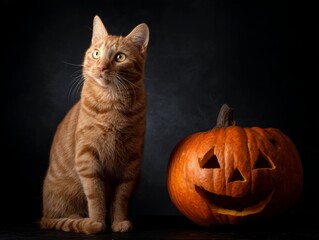 Fototapeta premium orange tabby cat sitting next to a pumpkin on a black background. a cat sitting next to a pumpkin on a table. a cat sitting next to an orange on a tab