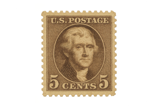 Vintage 5 cent United States Postage Stamp isolated on transparent background.