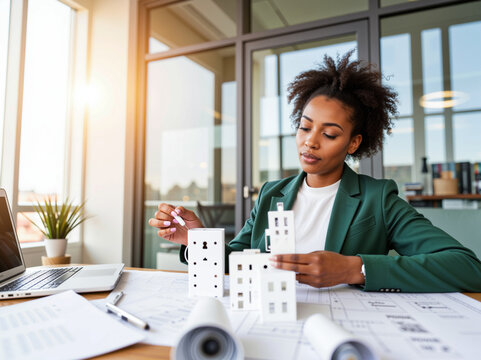 Young black woman designing model buildings in modern office  