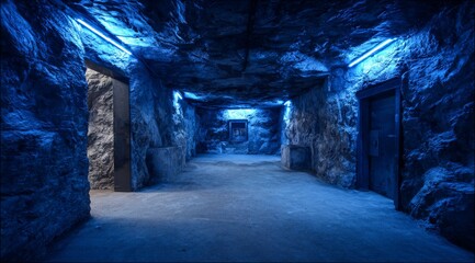 light at the end of the tunnel. a tunnel with a door and a light at the end. an empty room with a wall covered in graffiti