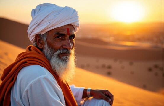 A wise man with a white beard and traditional attire sitting in a desert at sunset - Powered by Adobe