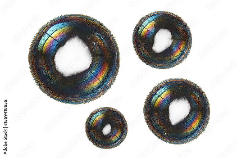 Poster floating iridescent soap bubbles on transparent background, isolated objects