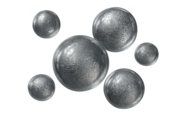 Collection of silver metallic spheres isolated on a transparent background, glossy