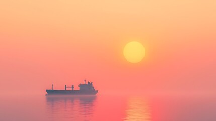 Obraz premium Cargo Ship Sailing at Sunset Over Calm Ocean