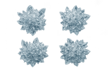 Group of four abstract icy snowflakes isolated on a transparent background layer.