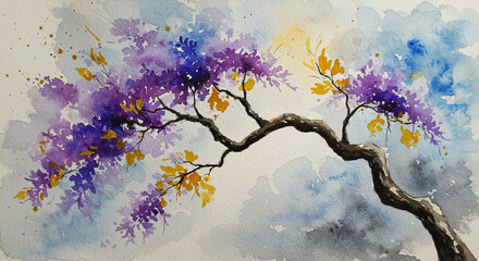 Jacaranda Dreamscape: A vibrant watercolor artwork captures the enchanting beauty of a jacaranda tree in full bloom. The artwork beautifully merges artistic flair with the natural world.
