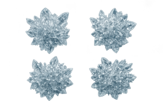Group of four abstract icy snowflakes isolated on a transparent background layer.