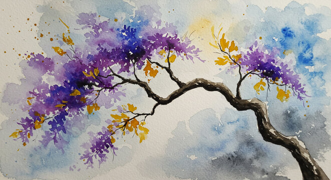 Jacaranda Dreamscape: A vibrant watercolor artwork captures the enchanting beauty of a jacaranda tree in full bloom. The artwork beautifully merges artistic flair with the natural world.