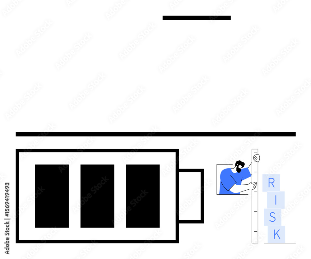 Poster person operating a lever with risk blocks beside a structured building. ideal for decision-making, p