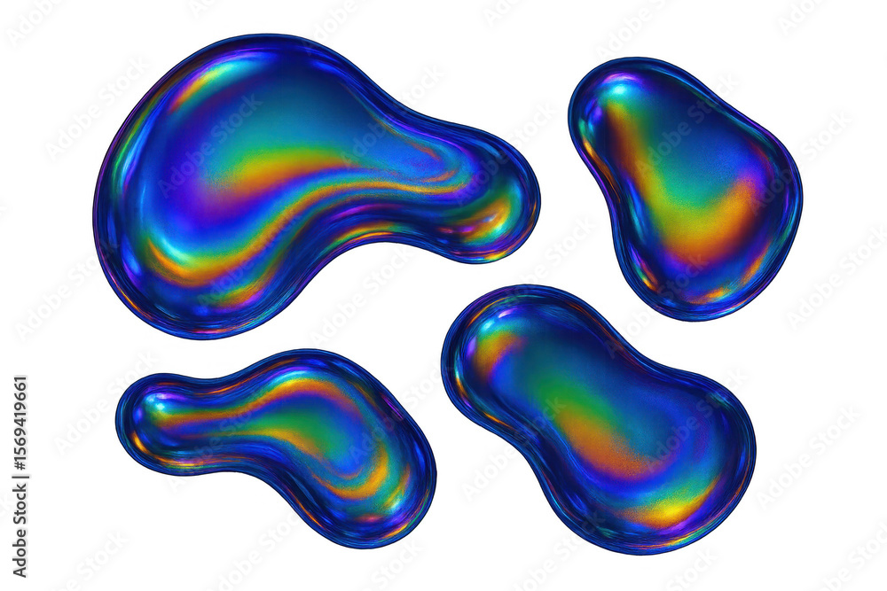 Poster iridescent glossy liquid blobs floating on a transparent background, abstract