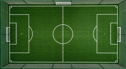 Aerial View of a Soccer Field Green Grass, White Lines, and Goals
