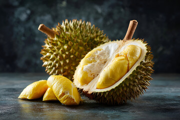Obraz premium Sliced Durian Fruit Displaying Yellow Flesh on Textured Transparent Background