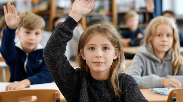 Attentive schoolchildren sitting at desks in classroom raising hands to answer question. Engaged learning environment. Focused expressions.
