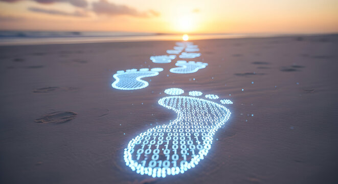 Footprints on a beach, glowing with binary code, sunset