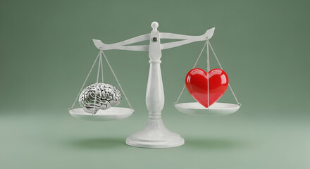 A white balance scale with a brain on one side and a heart on the other, on a muted green backdrop