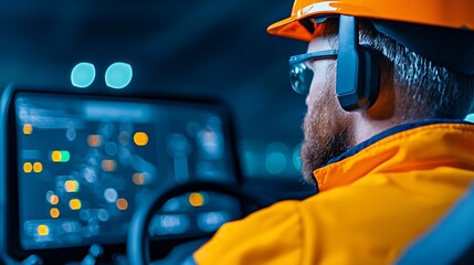 Futuristic Operator in High-Tech Vehicle Cabin