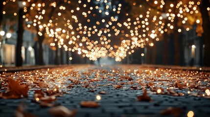 Obraz premium Experience Tranquil Scenic Wonders Concept. Enchanted Evening Pathway with Glimmering Lights and Autumn Leaves on Cobblestone Street