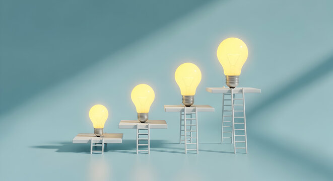 Four lightbulbs on small white ladders, ascending