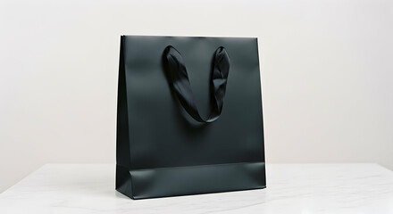A black shopping bag sits on a marble surface