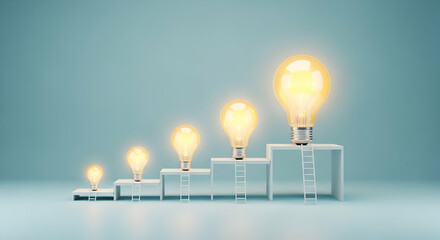 Four lightbulb-topped steps, progressively larger, on a light-blue background, symbolizing growth and progress