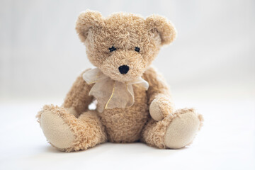 Teddy bear with brown bow sitting on white background