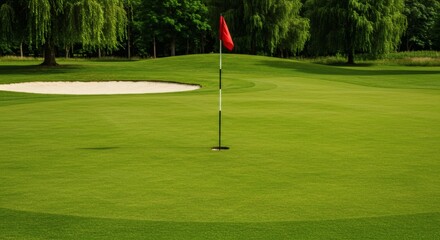 Obraz premium Serene Golf Course Putting Green Lush Grass, Sand Trap, and Flag