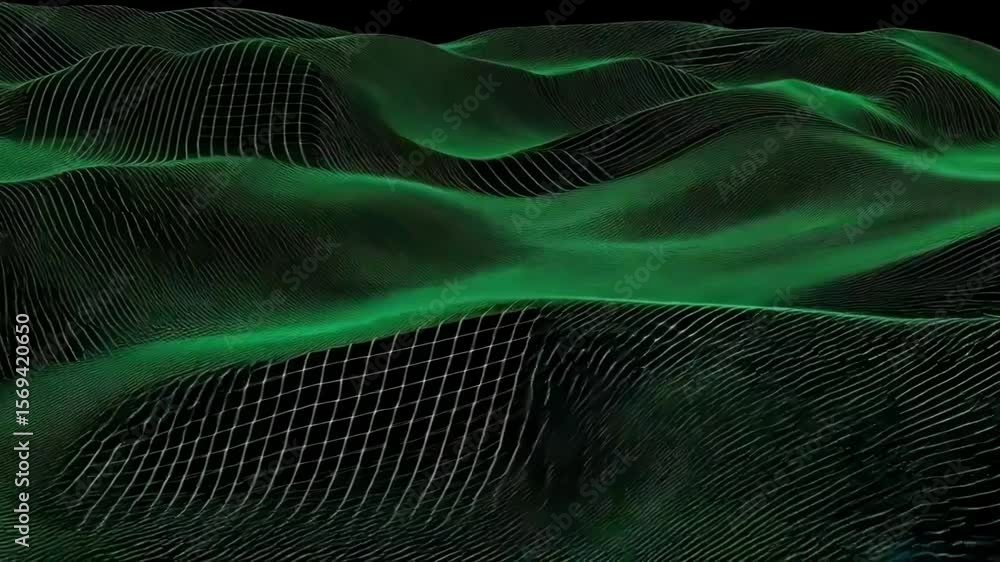 Poster a mesmerizing green network of interconnected lines and dots forms an abstract digital landscape, sy