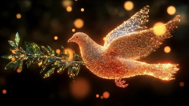 Peace dove with olive branch, glowing particles