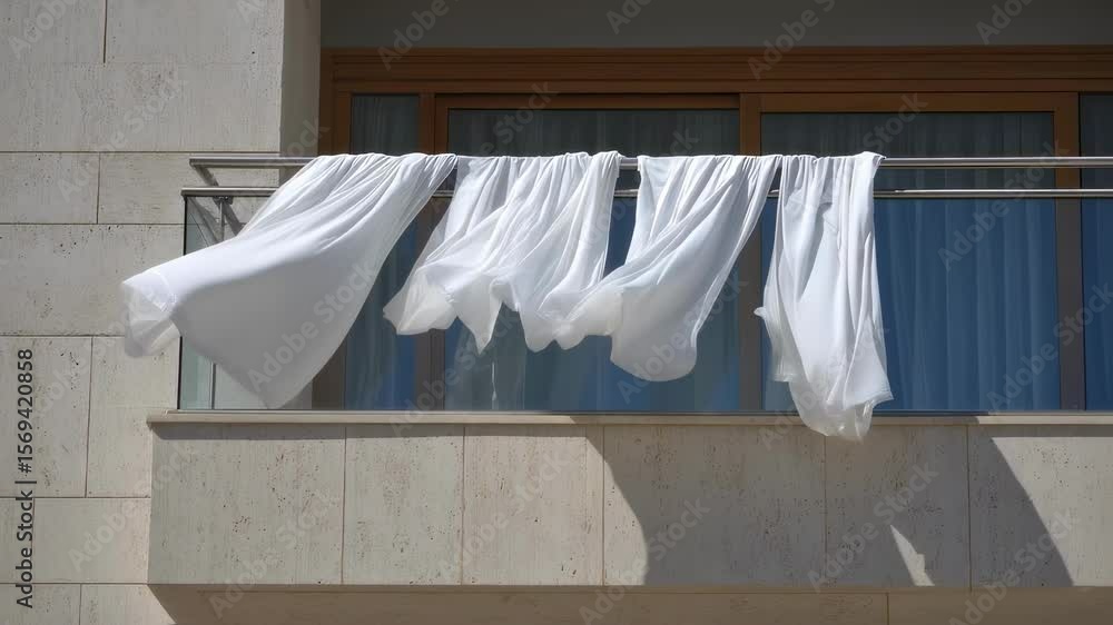 Aufkleber a simple yet striking display of crisp linen sheets blowing in the wind on a balcony.