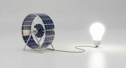 A solar-powered exercise wheel connected to a light bulb, on a plain white background