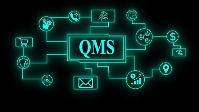 Glowing neon line Quality management system business and industrial technology concept. QMS. Business,Technology, Internet and networking concept.digital assurance and business certification interface