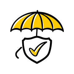 Yellow umbrella protecting shield with check mark symbol  