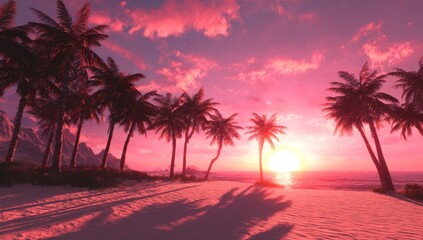 palm trees on the beach. a beach with palm trees and a pink sky. a sunset view of a beach with palm trees