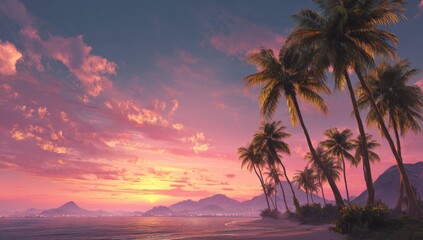 a group of palm trees. a beach with palm trees and a sunset. a beach with palm trees and palm trees