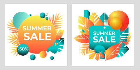 Set Bright summer sale banners with tropical leaves, geometric shapes, and discount labels. Colorful vector design with gradients, perfect for promotions, social media, ads, and shop campaigns