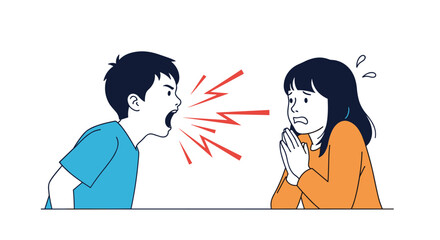 Childhood conflict boy yelling aggressively at scared girl asking for forgiveness
