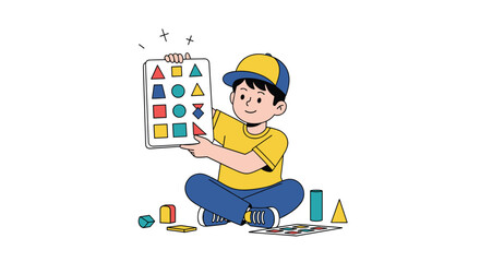 Little boy learns basic geometric shapes sorting educational toys for early childhood development