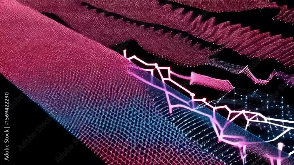 Poster a complex network of interconnected blue and pink nodes and lines forming an abstract technological 