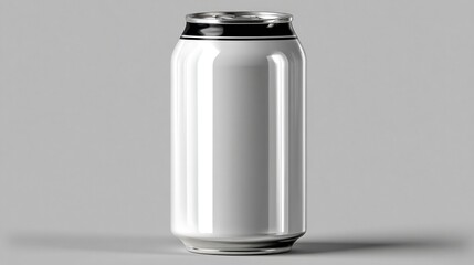 A gleaming metallic beverage can stands against a neutral gradient backdrop