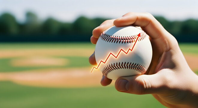 A hand holds a baseball with a rising graph overlaid, outdoors on a baseball field - Powered by Adobe